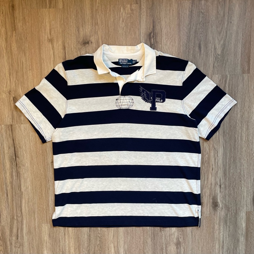 Vintage Ralph Lauren Blue and White Striped Polo Shirt